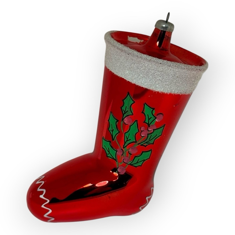 VTG Italian Glass‎ Xmas Ornament Red Stocking Holly 5" Italy De Carlini Style